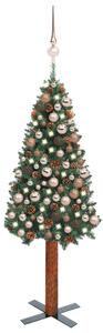 Set pom Crăciun subțire, LED-uri&globuri, verde, 180 cm, PVC