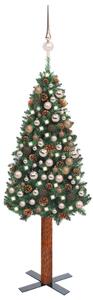 Set pom Crăciun subțire, LED-uri&globuri, verde, 210 cm, PVC