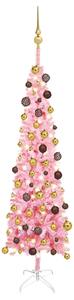 Set brad de Crăciun subțire cu LED-uri și globuri, roz, 150 cm