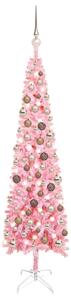 Brad de Crăciun subțire cu LED-uri și globuri, roz, 120 cm