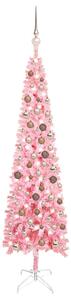 Set pom de Crăciun subțire cu LED-uri și globuri, roz, 150 cm