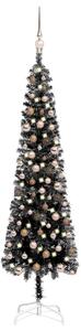 Set pom de Crăciun subțire cu LED-uri și globuri negre 180 cm