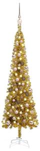 Set brad de Crăciun subțire cu LED-uri&globuri, auriu, 120 cm