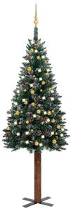 Set pom Crăciun subțire, LED-uri&globuri, verde, 210 cm