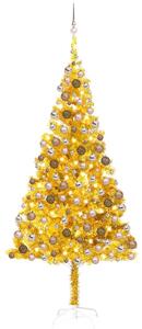 Brad de Crăciun artificial cu LED&globuri, auriu, 240 cm, PET