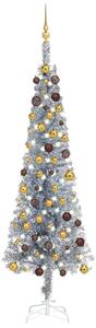 Brad de Crăciun subțire cu LED-uri și globuri, argintiu, 210 cm