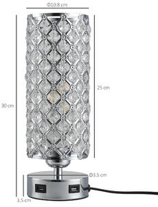 Homcom Lampa de Masa cu Abajur de Cristal 2 Porturi USB si Intensitate a Luminii Reglabila Touch