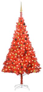 Set pom Crăciun artificial LED-uri&globuri roșu 210 cm PVC