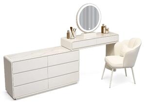 Set AUDREY ELEGANCE – Set Masă de toaletă pentru machiaj cu Oglindă iluminată LED, Control Touch, Comodă, Scaun, Alb
