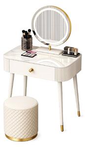 Set VICTORIA GLAM – Set Masă de Machiaj cu Oglindă LED și Taburet, Accente Aurii și Blat cu efect marmură, Alb