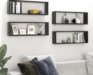 Rafturi de perete cub 4 buc negru extralucios 80x15x26,5 cm PAL