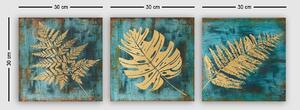 Pictură decorativă pânză Frunze, Albastru - Aur, 30x3x90 cm, 3 bucăți