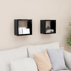 Rafturi de perete cub, 2 buc., negru extralucios, 26x15x26 cm