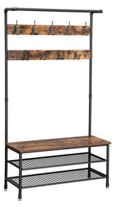Cuier cu bancuta si suport pantofi Model Davila, Maro Rustic/Negru, 97x41.5x182 cm