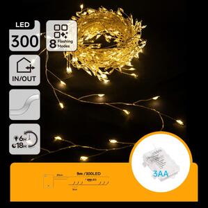 Aigostar - Ghirlandă luminoasă de exterior pentru Crăciun, 300 LED/8 funcții, 3x AA, 9,3 m, IP44, alb cald