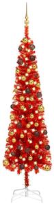Set brad de Crăciun subțire cu LED-uri&globuri, roșu, 210 cm