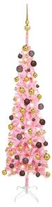 Set brad de Crăciun subțire cu LED-uri și globuri, roz, 120 cm
