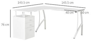 HOMCOM Masa de birou de colt cu sertar, masa de birou oficiu suport PC din lemn si metal, alb, 143,5x143,5x76cm