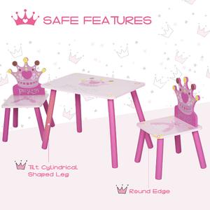 HOMCOM Set Masa dreptunghiulara si 2 scaune pentru copii 3-8 ani cu design printesa, spatar in forma de coroana, roz, din pin MDF