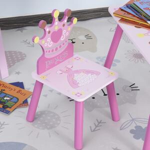HOMCOM Set Masa dreptunghiulara si 2 scaune pentru copii 3-8 ani cu design printesa, spatar in forma de coroana, roz, din pin MDF