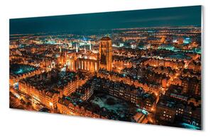 Tablouri pe sticlă panorama de noapte a bisericii Gdańsk