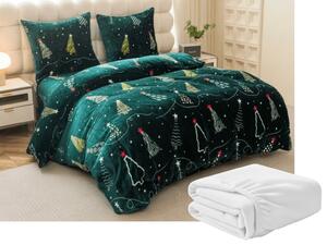 Set lenjerie cocolino CHRISTMAS DRIFT verde + cearsaf Cocolino microplus cu elastic SOFT 90x200 cm alb, pat single