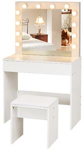Masa de machiaj cu scaun tapitat oglinda cu12 lampi cu LED sertar mare vintage pentru dormitor din MDFalb