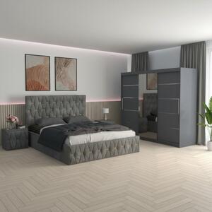 Set Mobila De Dormitor David Gri 250cm, pat Eric tapitat Gri 160x200cm, dulap gri 250cm, 2 noptiere tapitate si saltea 160x200cm