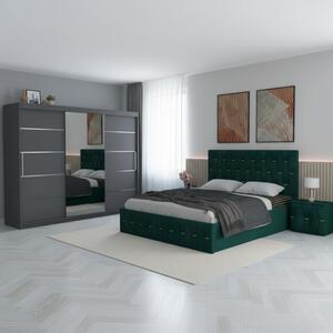 Set Mobila De Dormitor David Gri Verde 250cm, pat Eric tapitat Verde 160x200cm, dulap gri 250cm, 2 noptiere tapitate si saltea 160x200cm