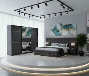 Set Mobila De Dormitor Eric Gri Cu Extensii, pat Eric cu extensii tapitat Gri 160x200cm, dulap gri 250cm, 2 noptiere tapitate si saltea 160x200cm