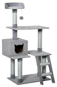 PawHut Ansamblu pentru pisici cu suprafata de zgariat, Casuta Scara Platforme, Stalpi din Sfoara din iuta, Gri, 60.5x40x124cm