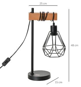 HOMCOM Lampa de masa stil industrial, lampa de noptiera cu abajur reglabil din metal culoare negru si culoarea lemnului, dimensiune 25x15x48 cm