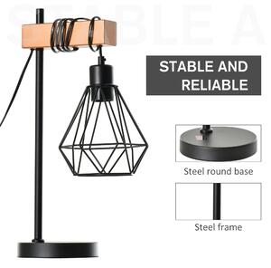 HOMCOM Lampa de masa stil industrial, lampa de noptiera cu abajur reglabil din metal culoare negru si culoarea lemnului, dimensiune 25x15x48 cm