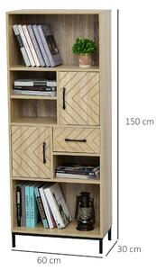HOMCOM Biblioteca din Lemn cu Compartiment inchis, Sertar, Compartimente Deschise, pentru Casa si Cabinet, 60 x 30 x 150cm