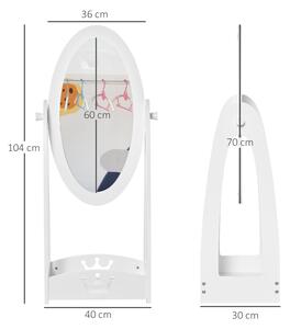 Oglinda pentru Dormitorul copiilor Pivotanta , Oglinda de Podea pentru Copii din Lemn Alb cu Raft de Depozitare 40x30x104cm | Aosom RO