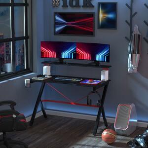 HOMCOM Birou Gaming cu raft monitor, birou PC gaming cu carlig si suport pahare negru si rosu, 120x60x97cm