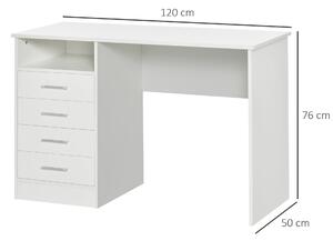 HOMCOM Birou modern pentru birou cu 4 sertare si compartiment deschis, birou pentru computer compact si de dimensiuni reduse, lemn, 120x50x76cm, alb