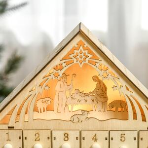 Calendar Advent din Lemn 24 Sertare Decoratiune de Craciun cu Nasterea Domnului Sculptata si Luminite, 26.6x6x30cm HOMCOM | Aosom RO