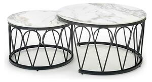 Set 2 masute cafea FORMOSA, alb cu efect de marmura/negru, ceramica/ot