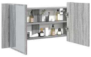 Dulap de baie cu oglindă și LED gri sonoma, 90x12x45 cm, acril