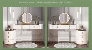 Set Lucia, Masă de toaletă pentru machiaj cu oglindă iluminată LED, control touch, 6 sertare, comoda, scaun, Alb