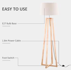 HOMCOM Lampă de podea design scandinav, lampă de podea din lemn și material cu efect de in alb, pentru camera de zi și dormitor, E27, 40W