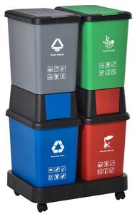 HOMCOM Cos de gunoi pentru colectare diferentiata cu 4 Cosuri multicolore si Baza cu roti, Capacitate totala 100L, Plastic, 50x37.5x90cm