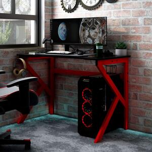 Birou de gaming cu picioare formă K, negru/roșu, 110x60x75 cm