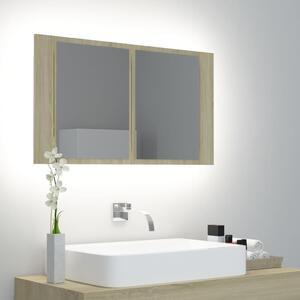 Dulap de baie cu oglindă și LED, stejar Sonoma, 80x12x45 cm