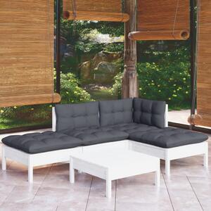 Set mobilier de grădină cu perne, 5 piese, alb, lemn de pin