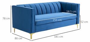 Canapea 3 locuri HOMCOM din catifea cu tapițerie și picioare aurii, cu brațe și pernă cu husă detașabilă, albastru, 181 x 86 x 78cm | Aosom RO