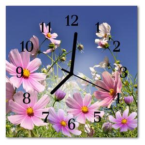 Ceas de perete din sticla pătrat Cosmos Flori Flori și plante roz, albastru