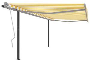 Copertină retractabilă manual cu stâlpi, galben & alb, 4x3,5 m