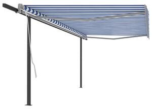Copertină retractabilă manual, cu stâlpi, albastru & alb, 5x3 m